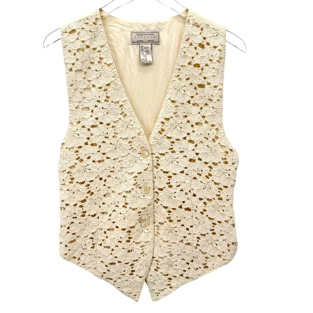 VTG Express Lace Vest Size S Cream Coquette Cottagecore Soft Girl Button Up